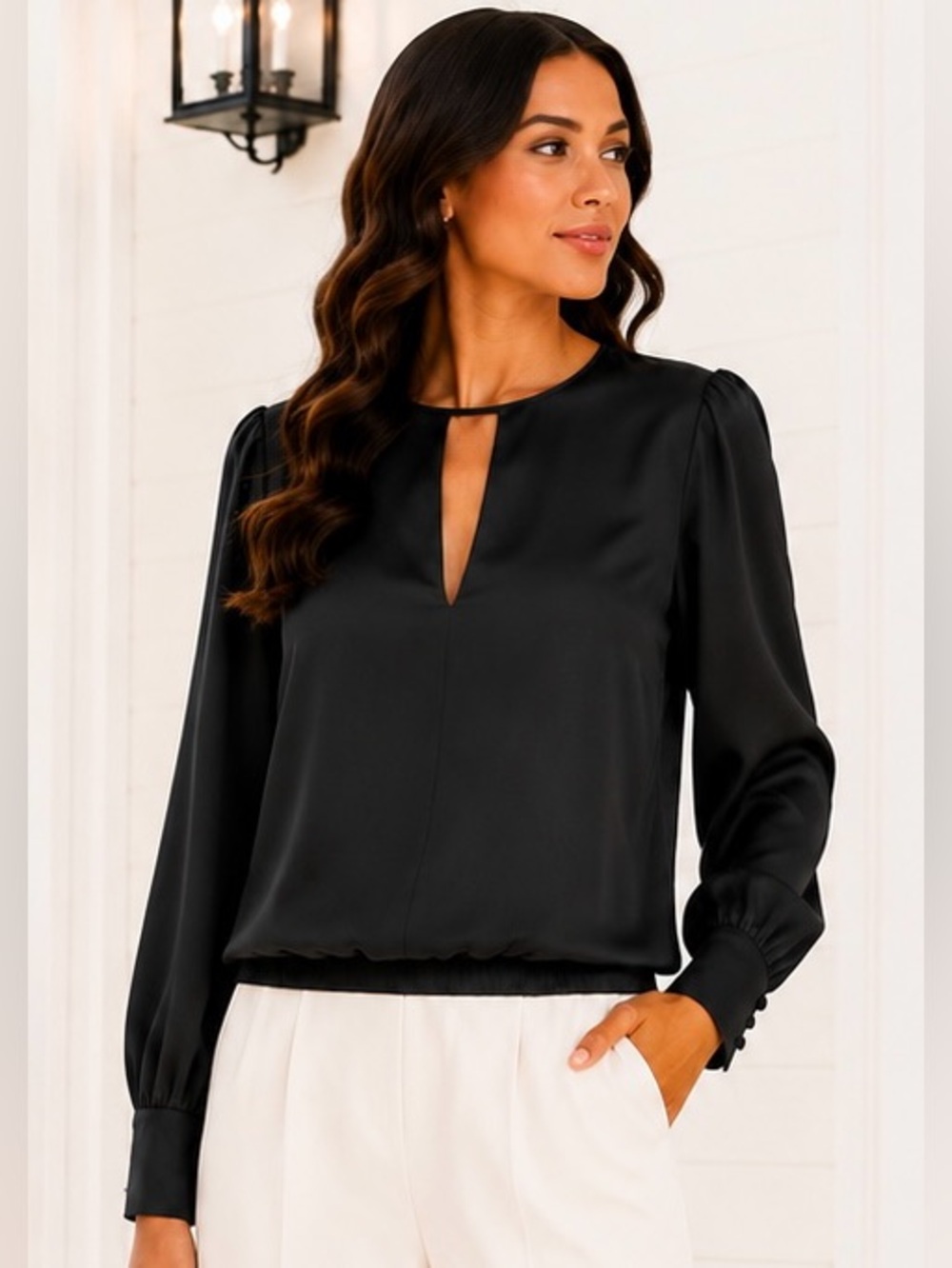 Good American Black Satin Keyhole Blouse  Size 1 (S)